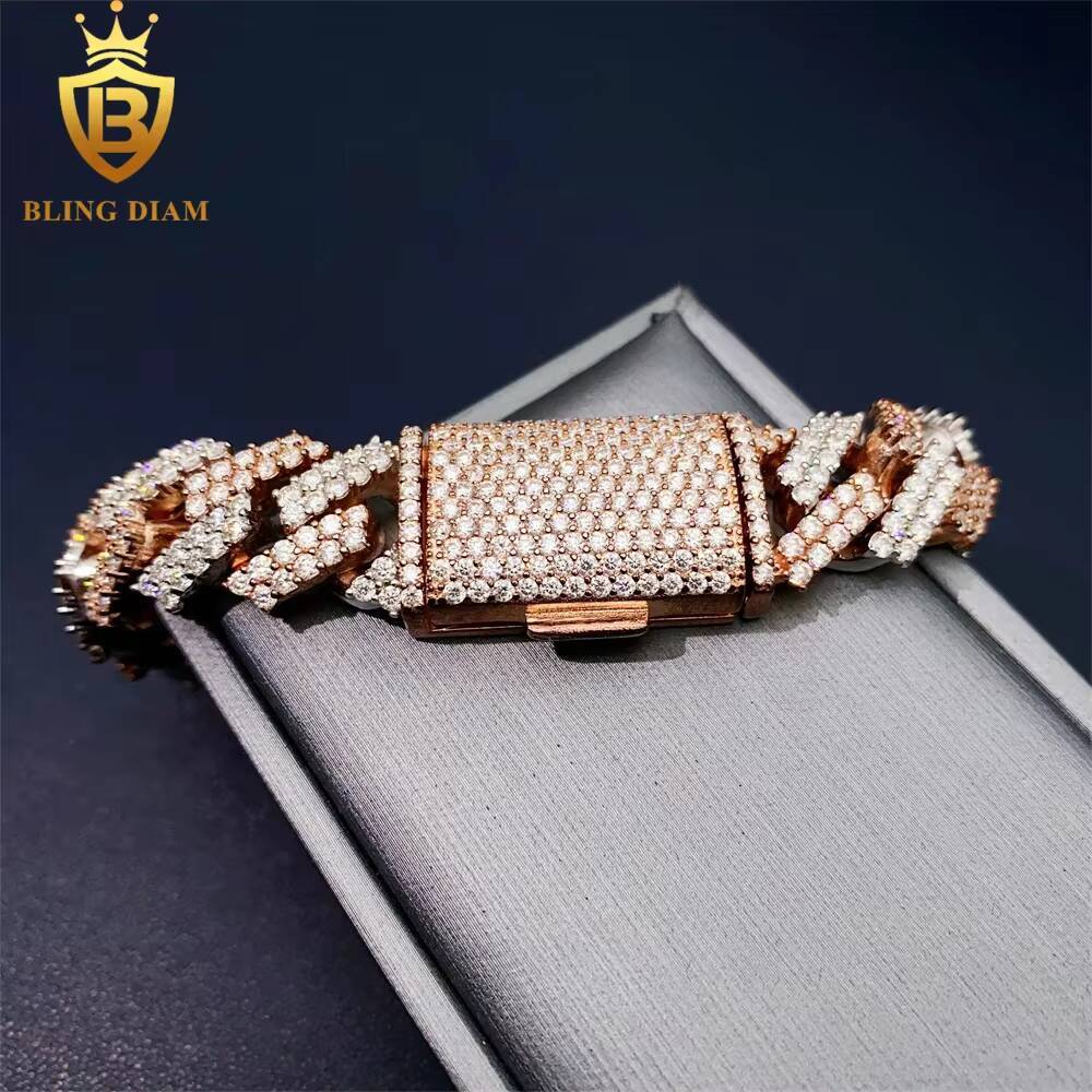 15mm Two Tone Iced Out Hip Hop Jewelry Cuban Link Chain 925 Sterling Silver VVS Moissanite Bracelet Necklace