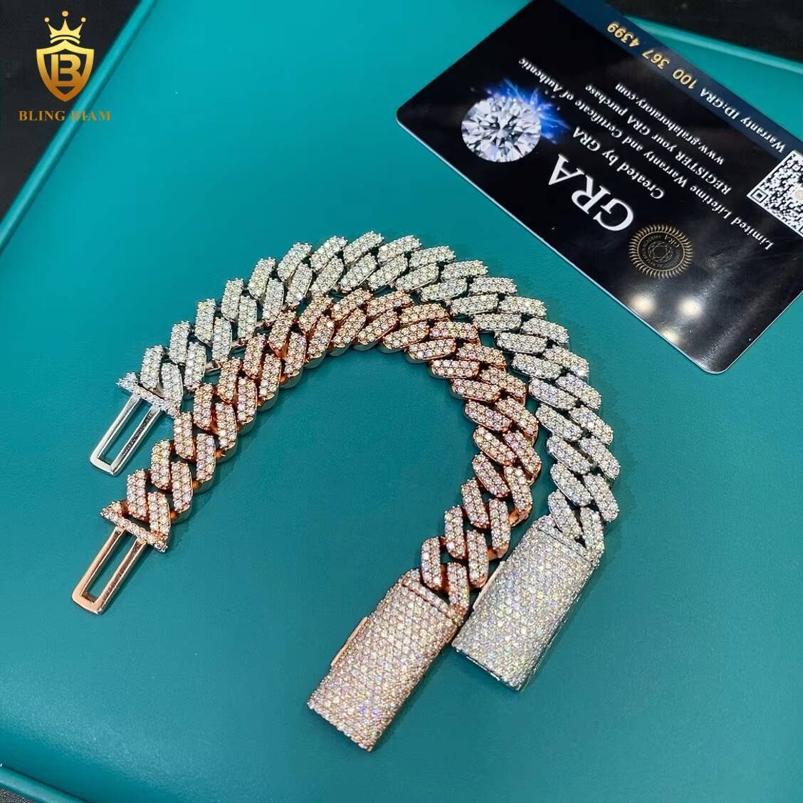 Miami 12mm Bracelets Cuban Link Chain Moissanite 925 Silver Rose Gold Vvs Moissanite Chain Fashion Chains Pass Diamond Test