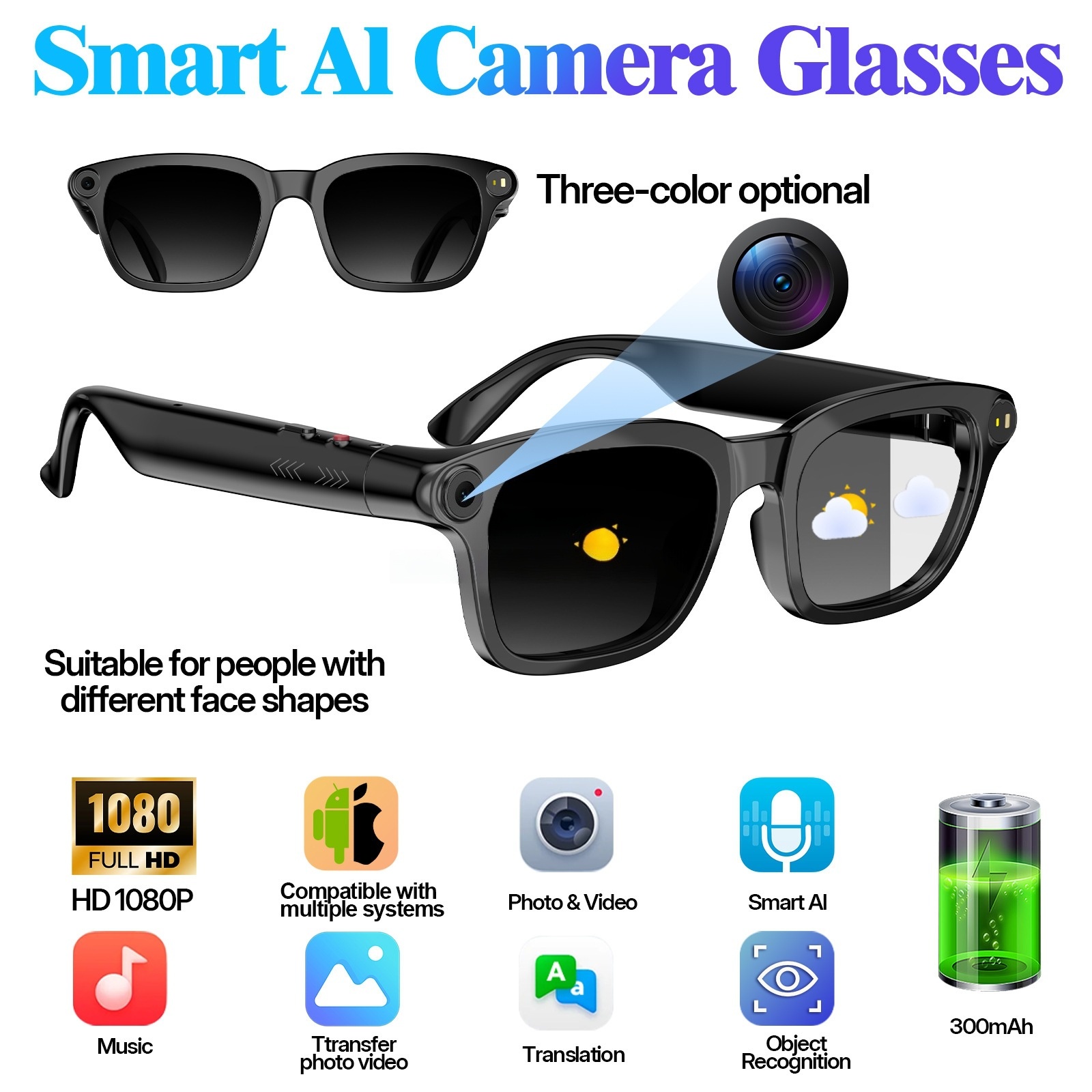 Al Smart Glasses Sunglasses Bluetooth Photography Translation HD definition anti shake 1080P video recorder Voice Assistant Photography color changing glasses