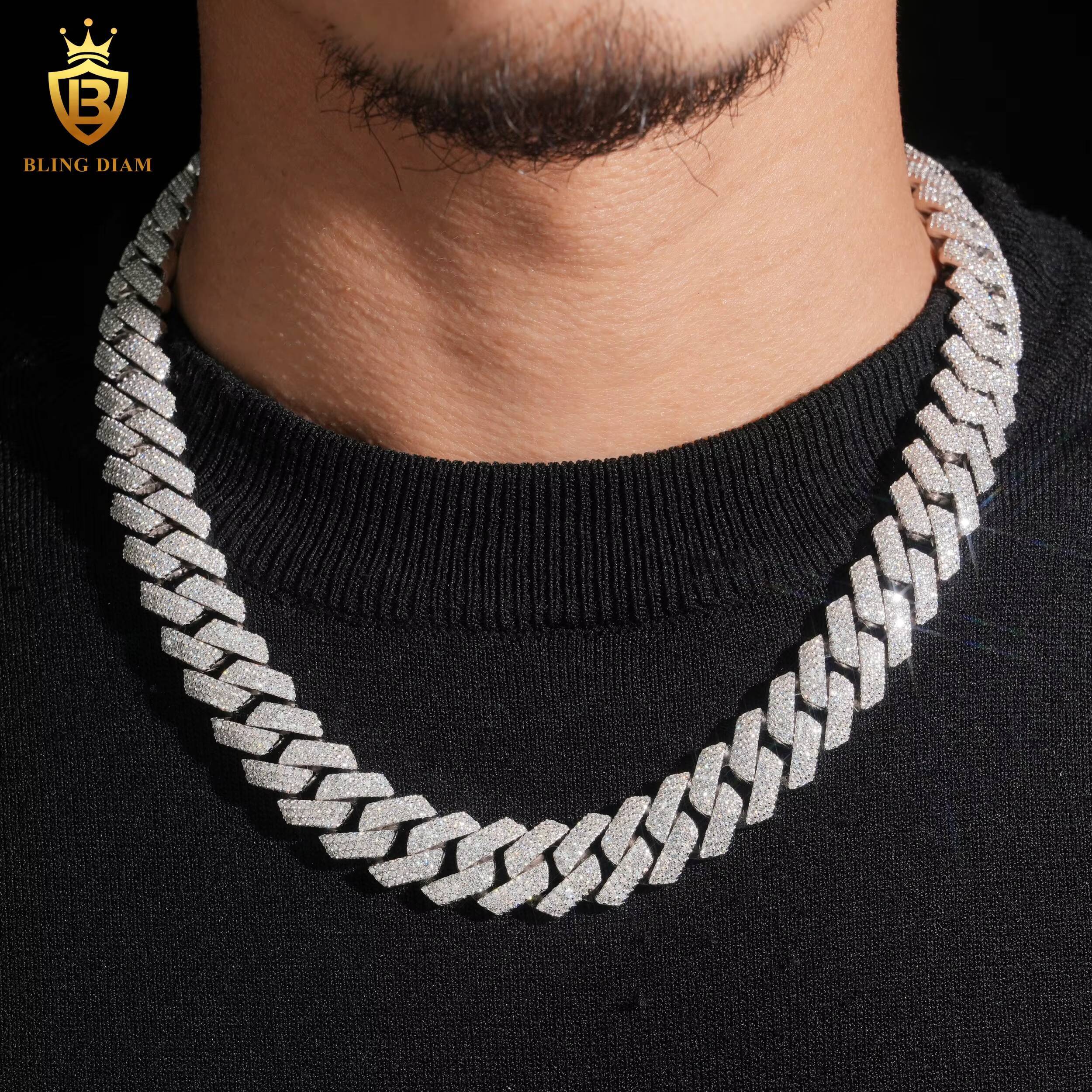 Hot Selling Miami 15MM 925 Sterling Silver Chain Cuban 3 Rows Moissanite Cuban Link Fashion Chains Necklaces Pass Diamond Test