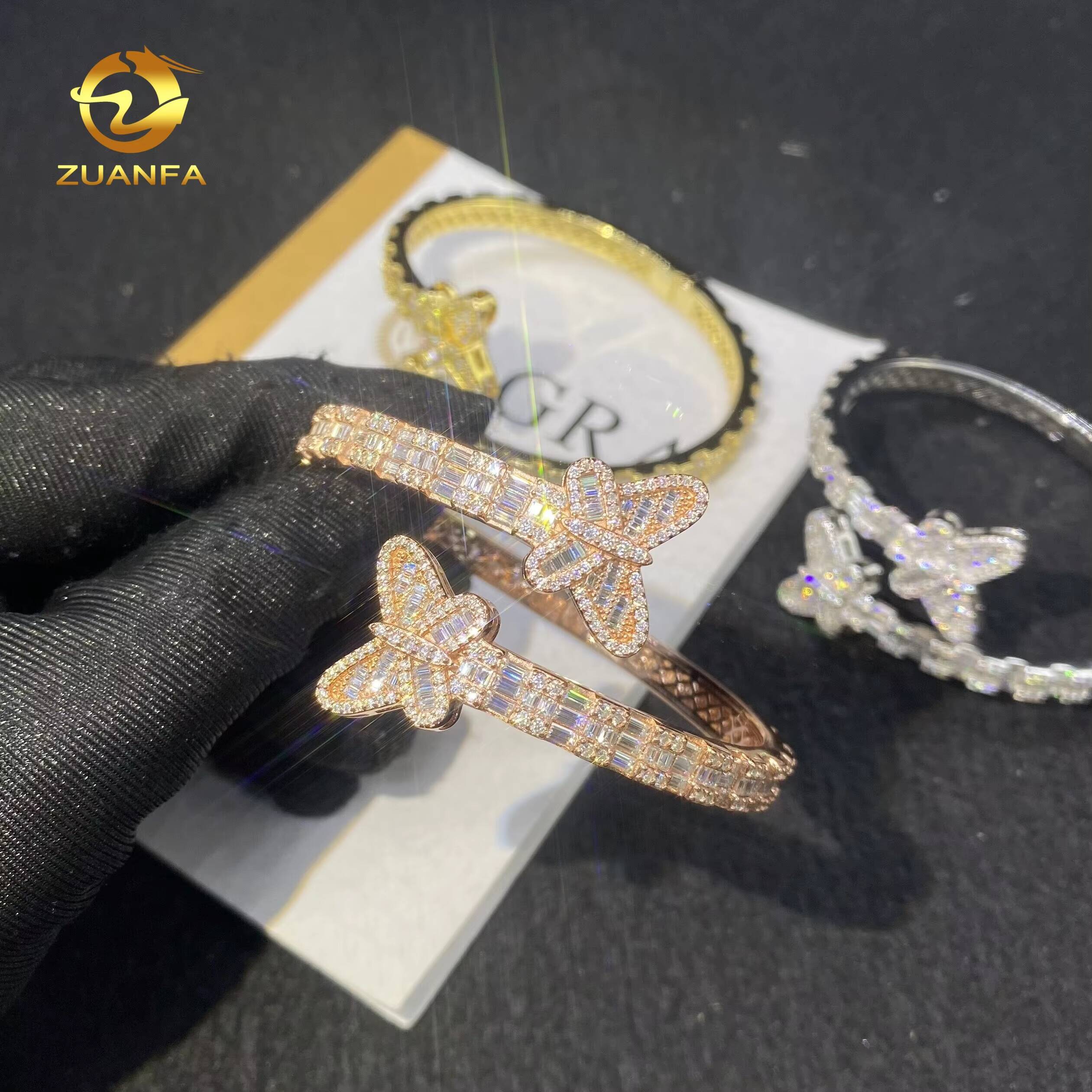 Hot Sale 925 Silver Baguette Diamond Moissanite Butterfly Bangle Bracelet Fashion Hip Hop Men VVS Moissanite Bracelets