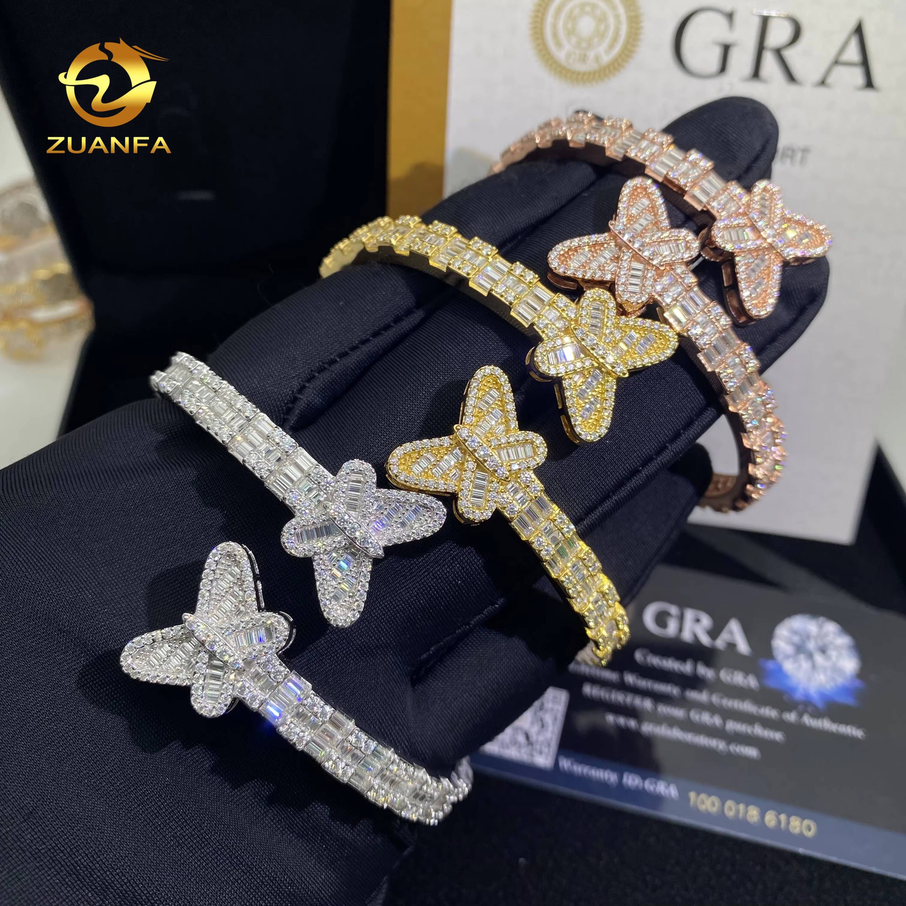 Hot Sale 925 Silver Baguette Diamond Moissanite Butterfly Bangle Bracelet Fashion Hip Hop Men VVS Moissanite Bracelets