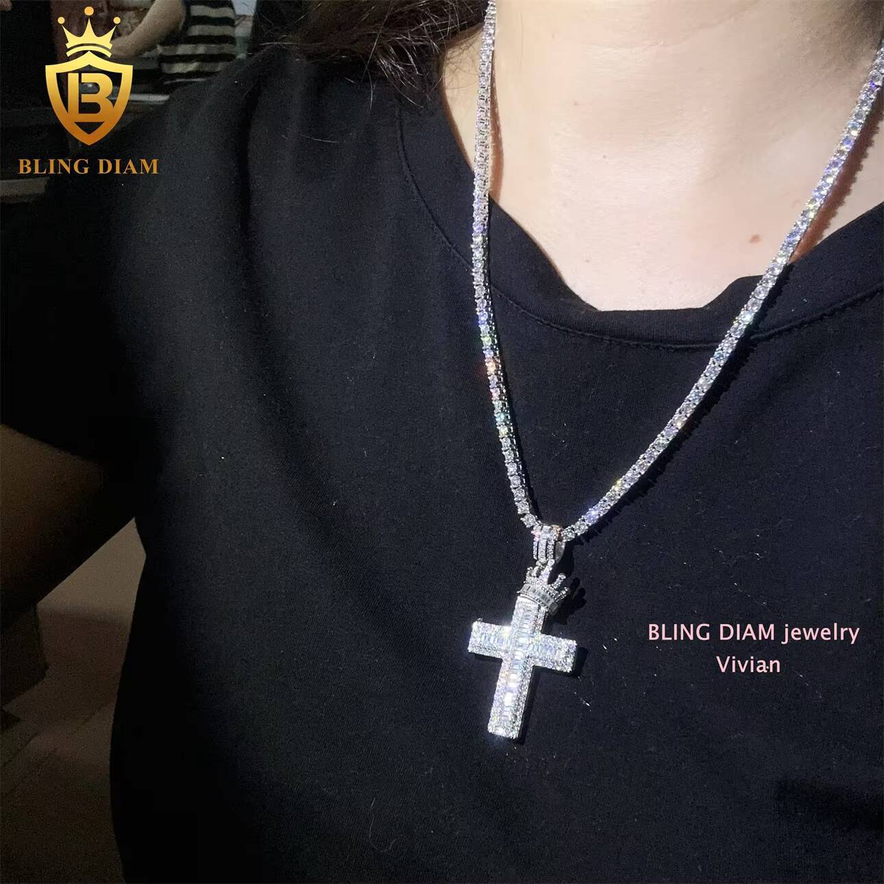 VVS Moissanite Diamond Cross Pendant 925 Sterling Silver Hip Hop Iced Out Style Passes Diamond Tester Pendants Charms