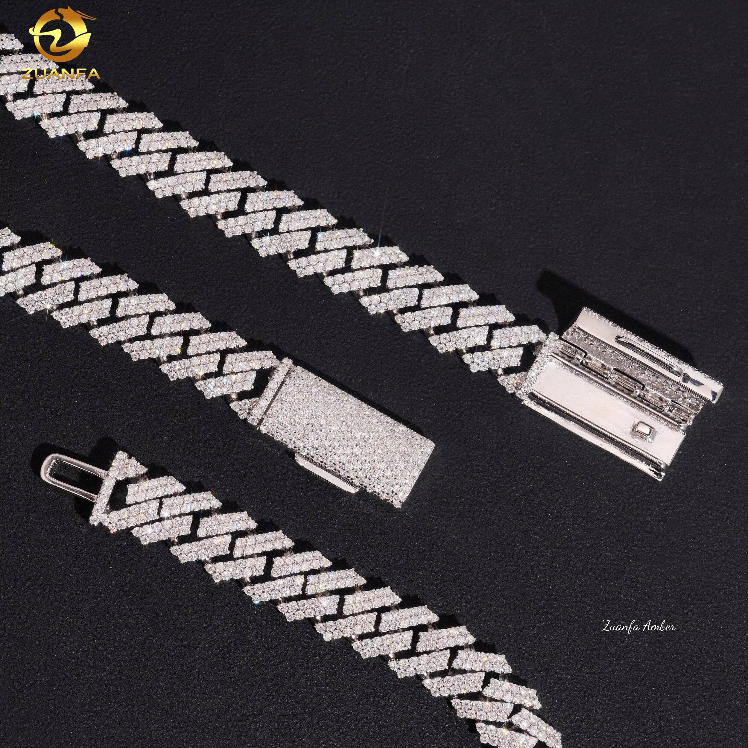 Long Clasp S925 Sterling Silver Hip Hop Iced Out 12MM VVS Lab Moissanite Diamond Prong Cuban Link Chain Mens Necklace
