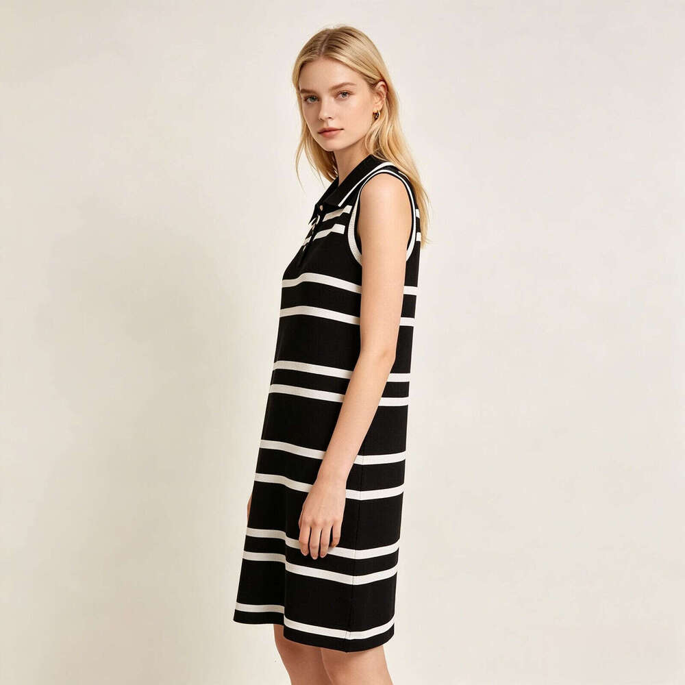 2026 designer high-end women's simple lapel sleeveless striped knitted k30 petite height FC increasing dress
