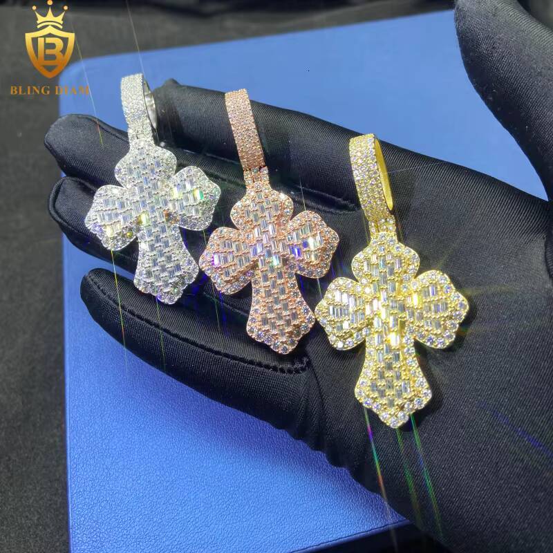 Hot Saling HipHop Style VVS Moissanite Pendant Men Rapper 925 Silver Pendant Cross Pendant Baguette Cut Moissanite Pendant GRA