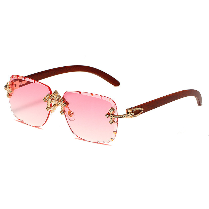 Designer New Cross Diamond-Studded Rimless Sunglasses for Men, Metal Starry Sky Sunglasses for Women, High-End Decorative Wood Grain Temples