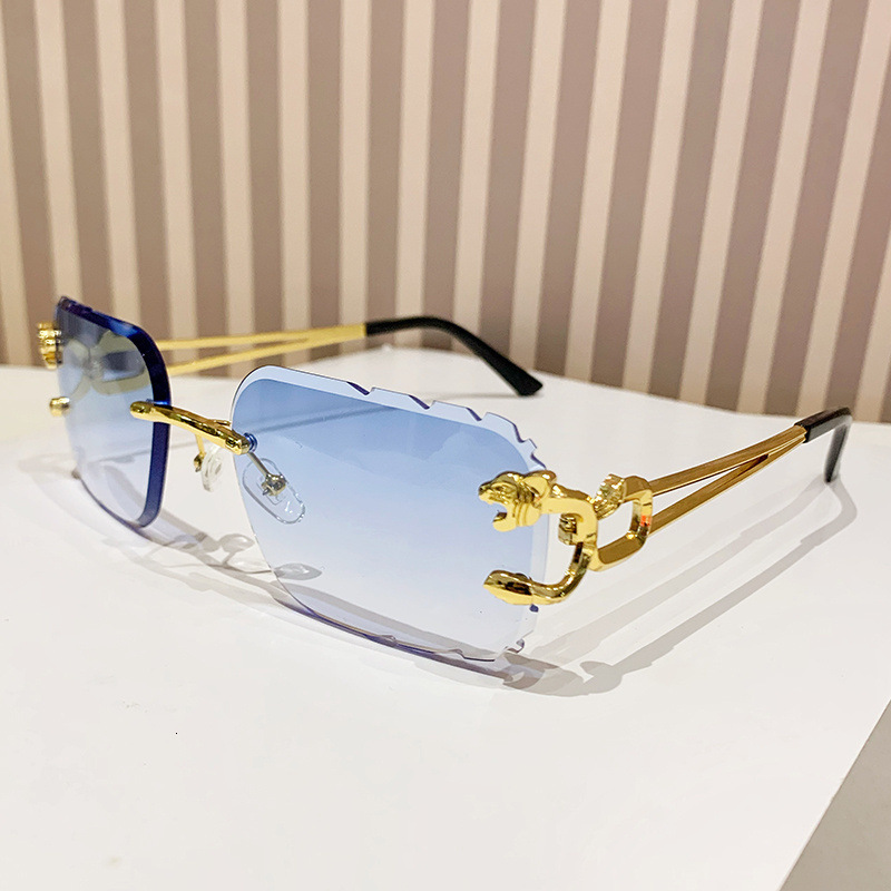 Designer Frameless leopard head sunglasses, metal sun glasses with irregular hollowed-out temples, women's high-end natural look sunshade glasses