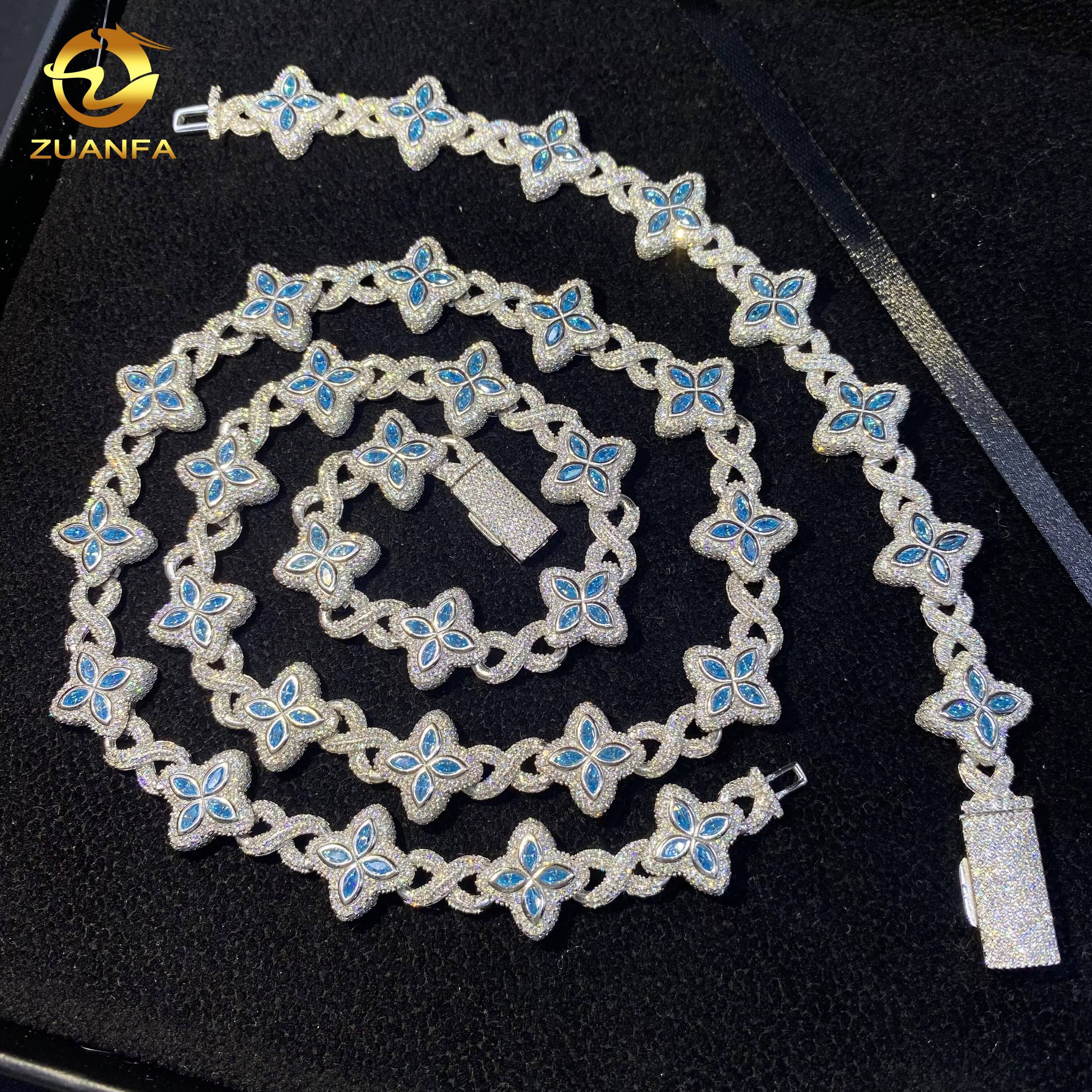 15mm Hot Sale Hip Hop Jewelry Marquise VVS Moissanite 925 Silver Iced Out Clover Bracelet Blue Pink Diamond Cuban Chain Necklace