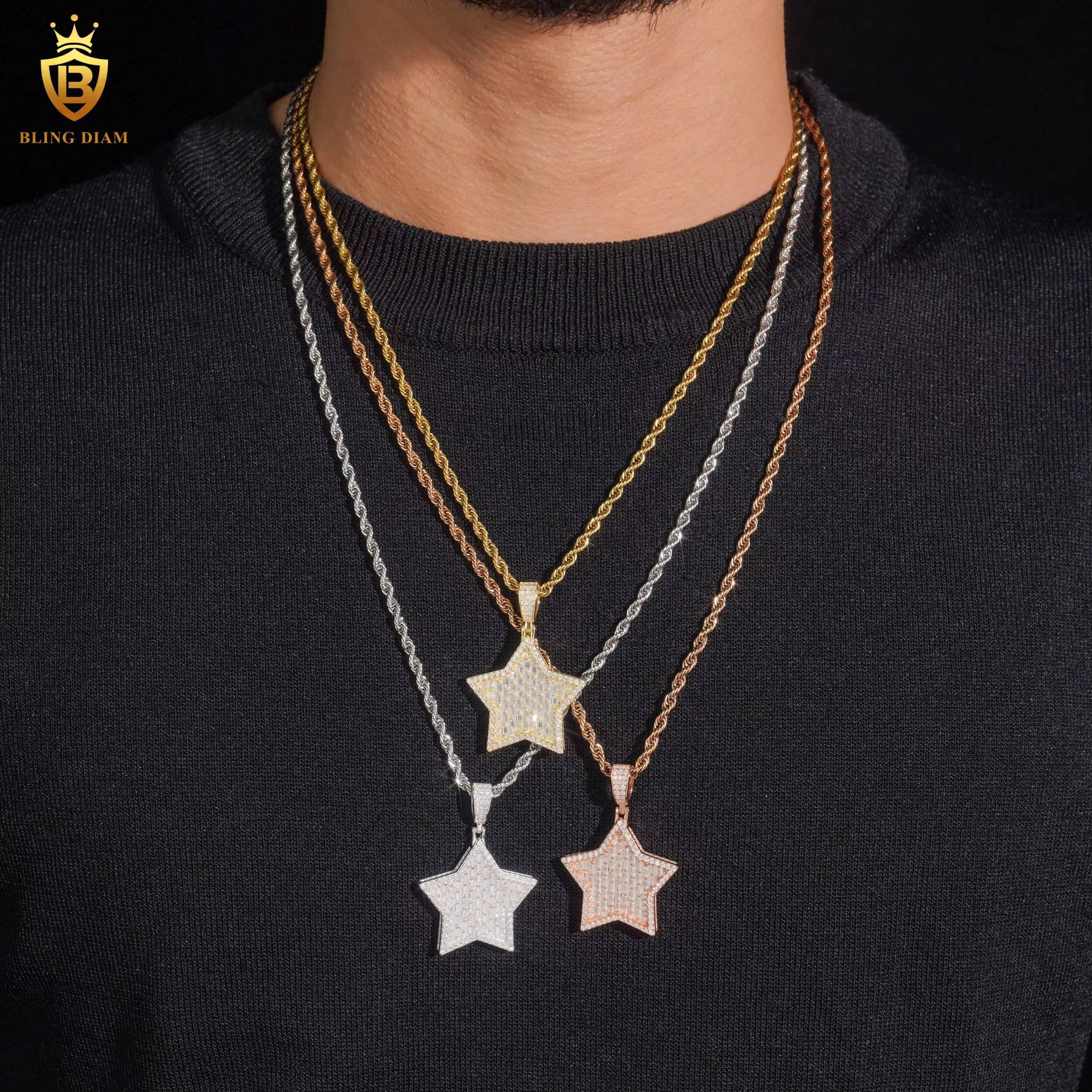 Custom Pendant Charms 925 Silver Star D VVS Baguette Cut Moissanite Pendant Pass Diamond Tester Moissanite Pendant Hip Hop