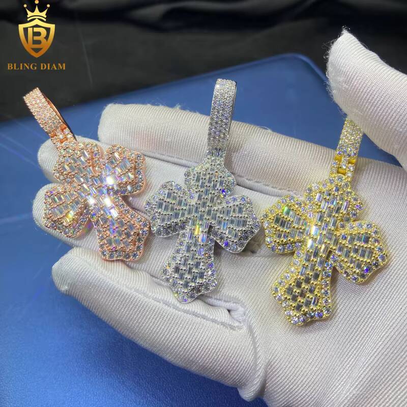 Hot Saling HipHop Style VVS Moissanite Pendant Men Rapper 925 Silver Pendant Cross Pendant Baguette Cut Moissanite Pendant GRA
