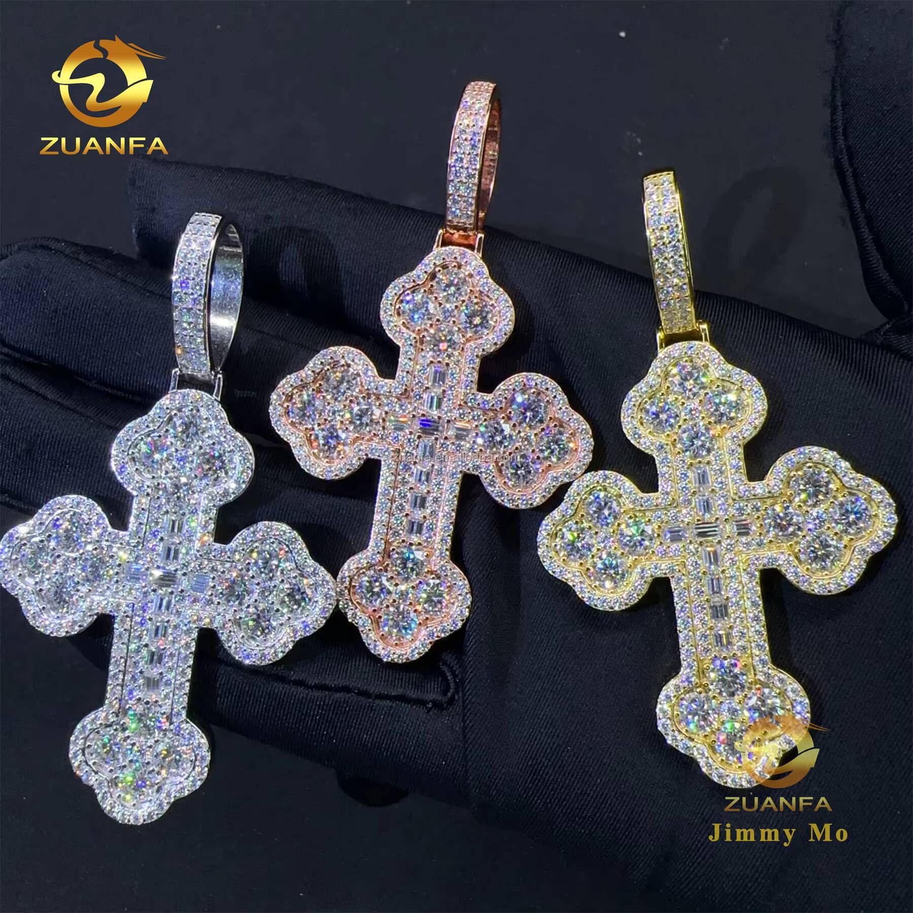 Fire Luxury Jewelry Men Claw Setting Fully Iced Out Hip Hop 925 Silver Baguette Moissanite Diamond Cross Pendant Tennis Chain