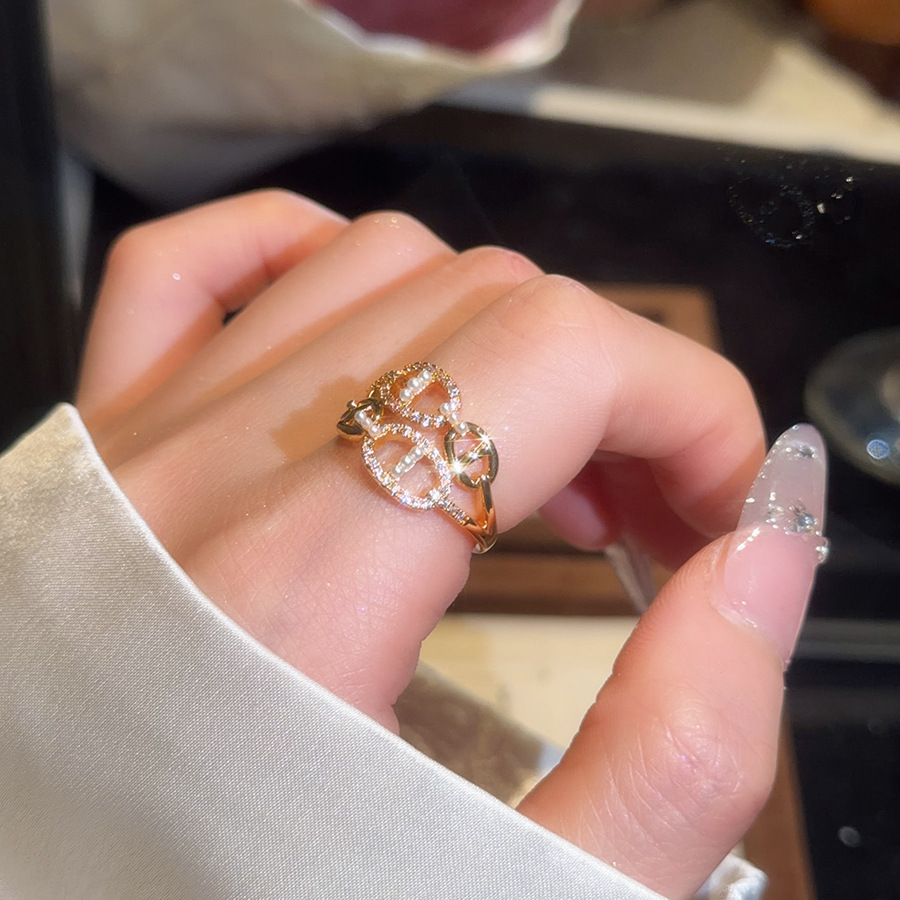 Exaggerated European American style 18K real gold plated zircon geometric pearl ring and bracelet set, light luxury high-end women's jewelry - view 4
