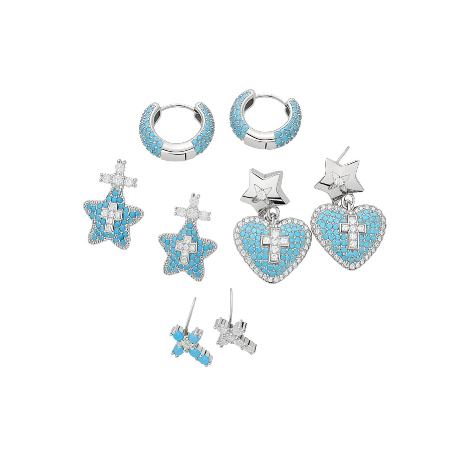 New fashion earrings with a high-end, minimalist feel, super shiny ear clasps in turquoise blue, French vintage cross design, versatile for women - view 8