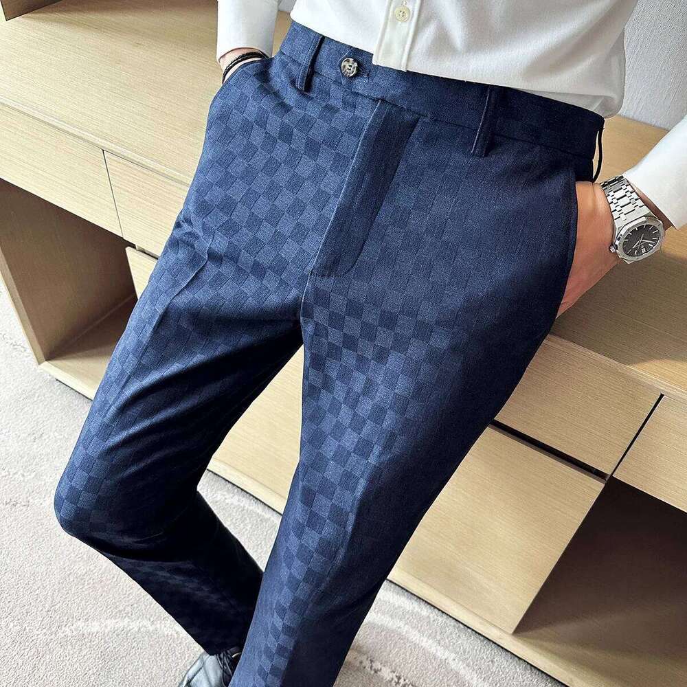 New Men Casual Plaid Suit Men's Slim Fit Business Dress Pants Formal Wedding Social Designer Fashion Party Male Trousers