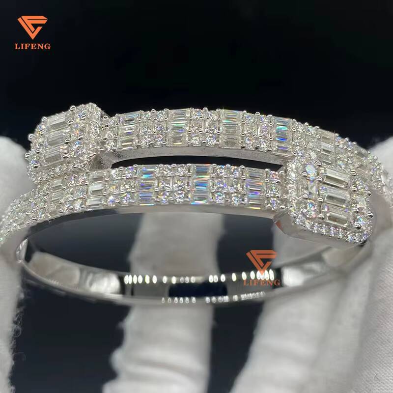 High Quality Solid Silver Baguette Design Moissanite Hip Hop Jewelry Drop Shipping Iced Out Bracelets and Bangles
