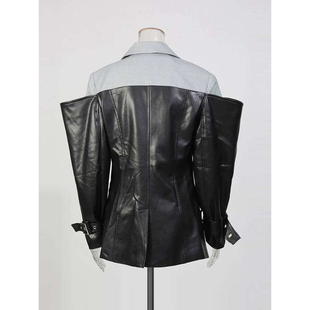 TWOTWINSTYLE Hit Color Slimming Fashion Jackets for Women Lapel Long Sleeves Tunic Patchwork Leather Streetwear Jacket Female MAKOUFEI