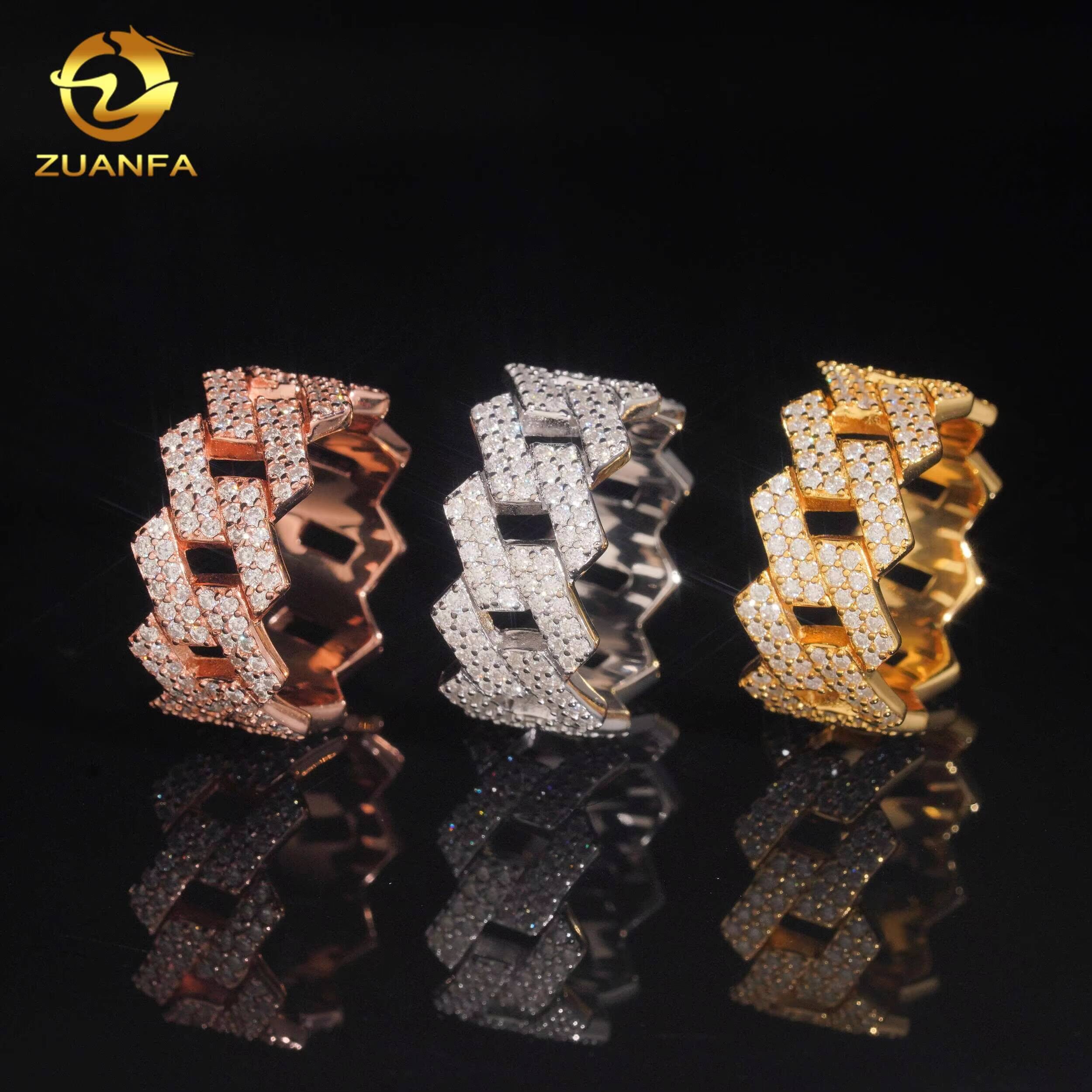 Hot Sale Two Row Hip Hop Rapper VVS Mokssanite Ring 925 Silver Fine Jewelry Full Diamond Iced Out Jewelry Cuban Ring for Men