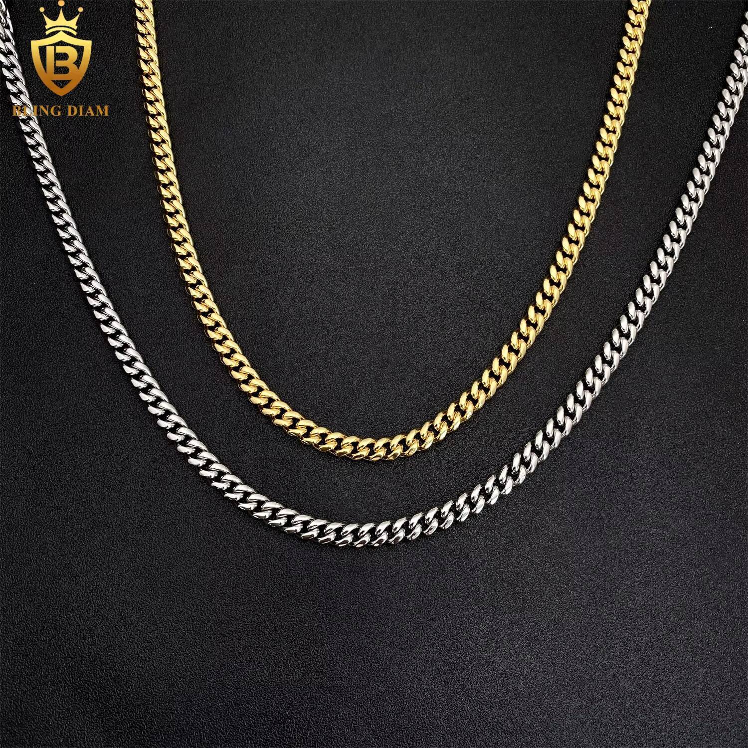 6mm Plain Chains Hip Hop Jewelry Cuban Link 925 Silver Moissanite Iced Out Gold Plated 316L Stainless Steel Necklace
