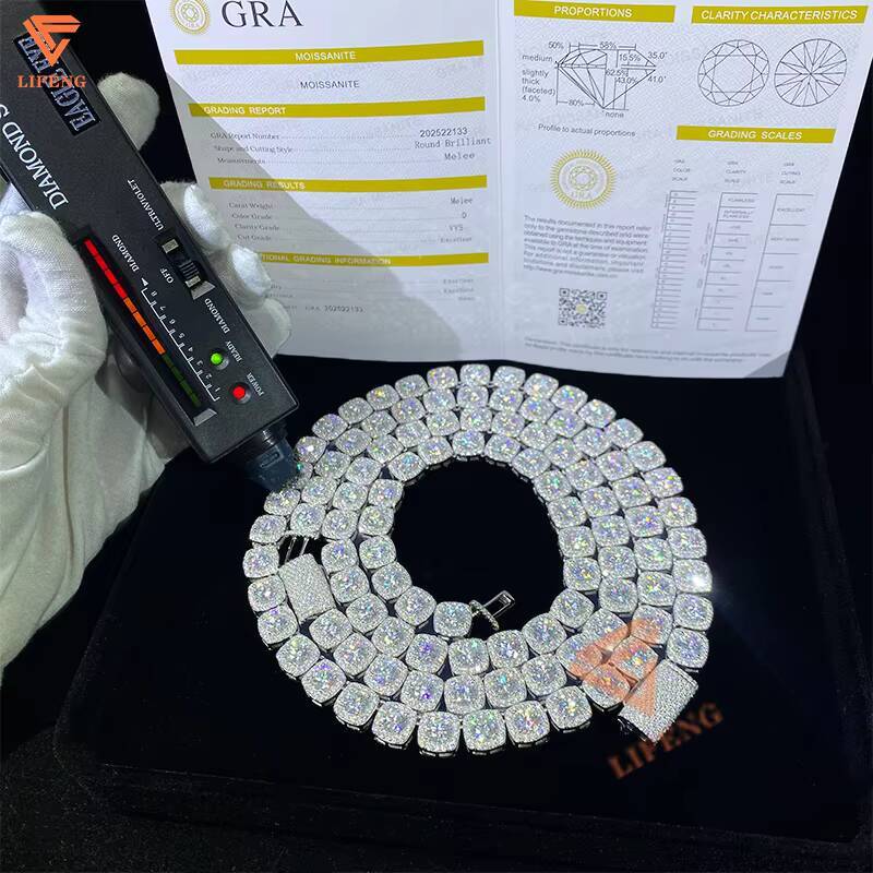 Hot Sale Clustered Tennis Chains 10mm Iced Out Vvs Diamond 925 Sterling Silver Moissanite Stones Tennis Link Bracelet Necklace