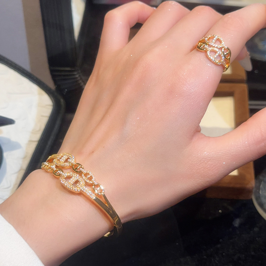 Exaggerated European American style 18K real gold plated zircon geometric pearl ring and bracelet set, light luxury high-end women's jewelry - view 3
