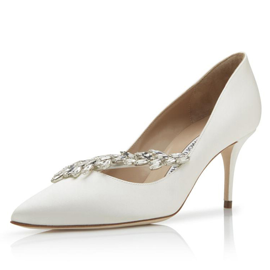 Top Trendy Women Sandals Pumps NADIRA White Satin Jewel Buckle Pump Italy Popular Pointed Toes Shallow Mouth Designer Evening Dress Sandal High Heels Box EU 35-43