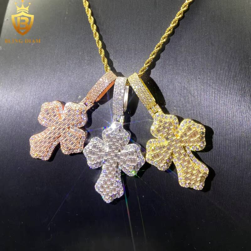 Hot Saling HipHop Style VVS Moissanite Pendant Men Rapper 925 Silver Pendant Cross Pendant Baguette Cut Moissanite Pendant GRA
