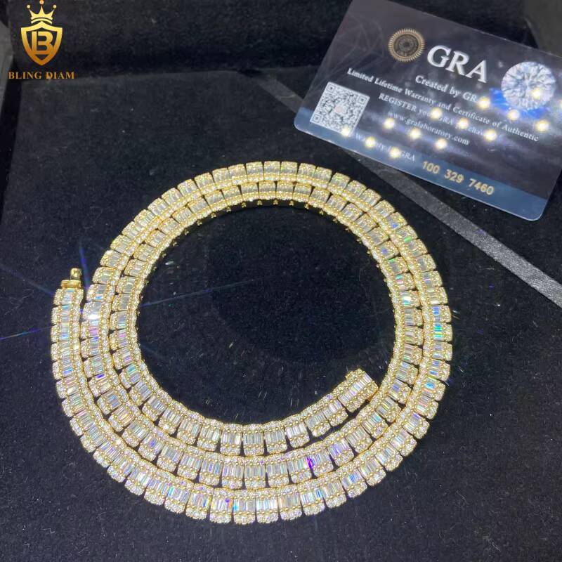 Hot Sale HipHop 8mm 925 Silver Baguette Cut Moissanite Chain Mens Iced Out Moissanite Necklace Chains Pass Diamond Test VVS GRA