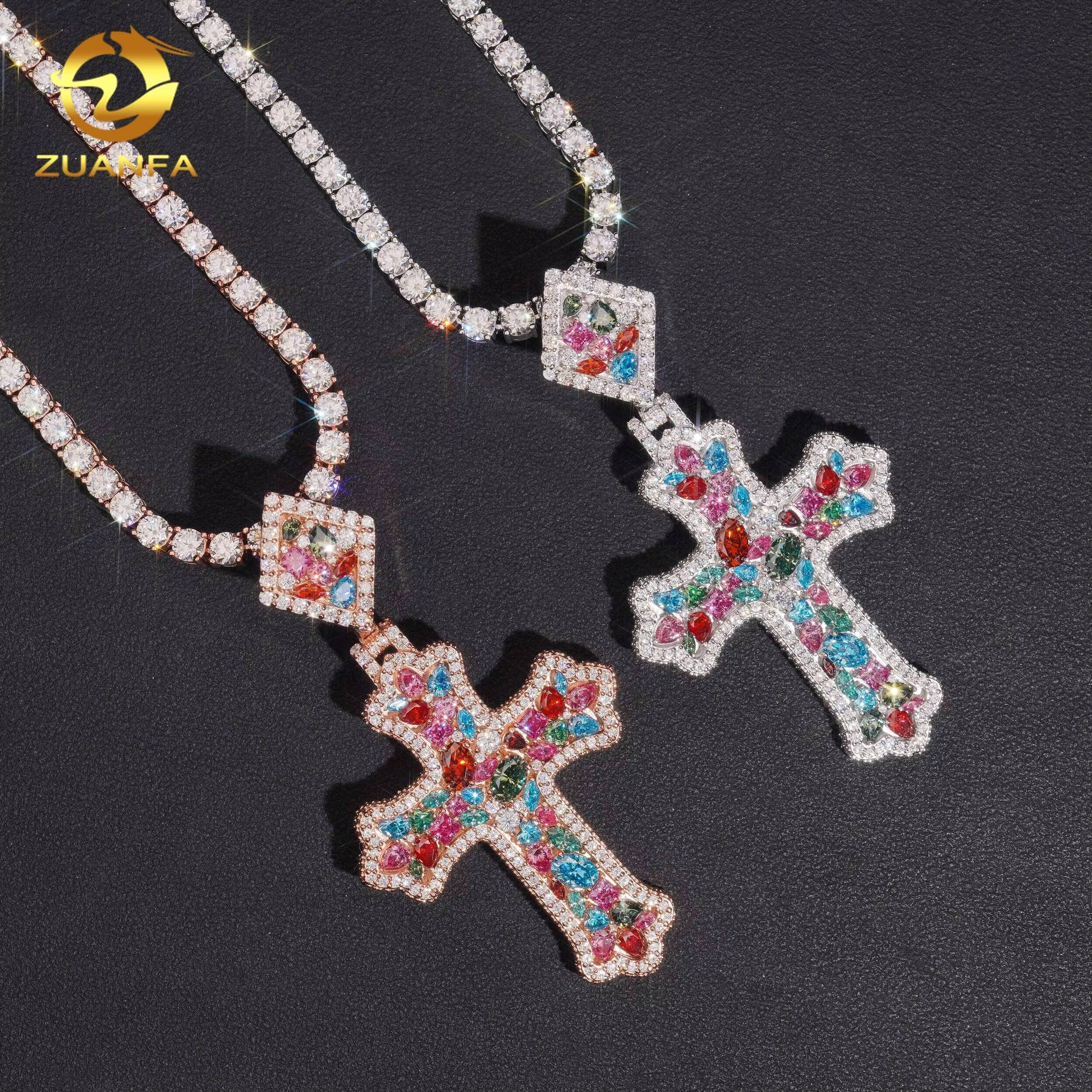 Mixed Fancy Cut Color Moissanite Chain Pendant Cross Custom Hip Hop Pendant Moissanite Religious Jewelry Cross Pendant Unisex