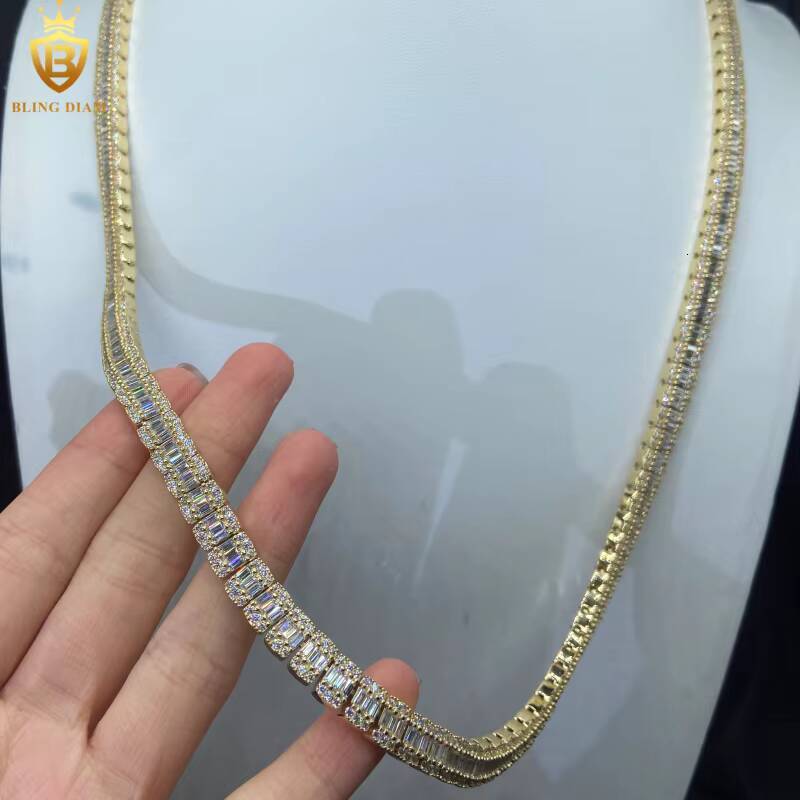 Hot Sale HipHop 8mm 925 Silver Baguette Cut Moissanite Chain Mens Iced Out Moissanite Necklace Chains Pass Diamond Test VVS GRA