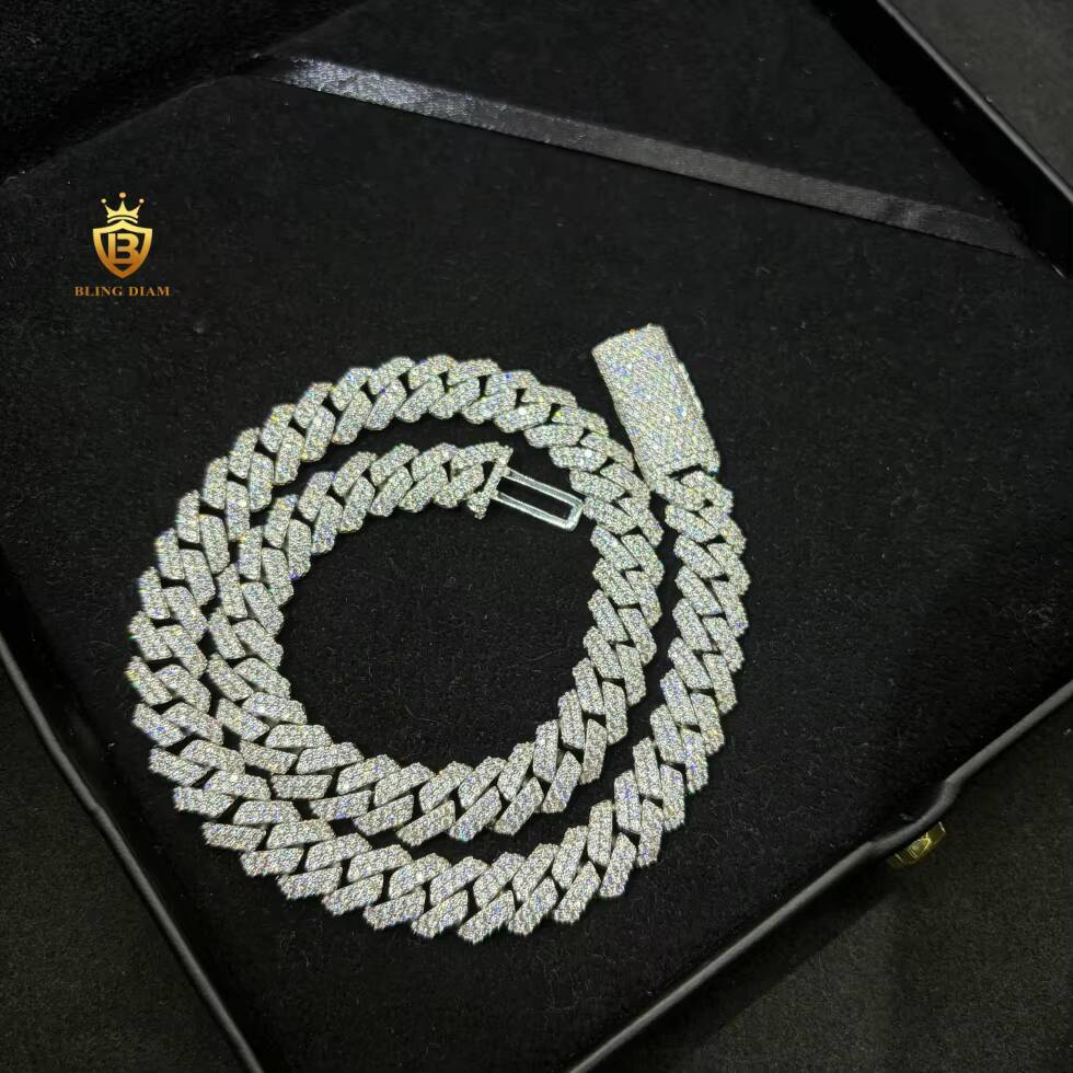 Hot Sale Moissanite Cuban Link Chain Hip Hop Men Pass Diamond Tester 925 Silver 12mm VVS Moissanite Cuban Chain Diamond