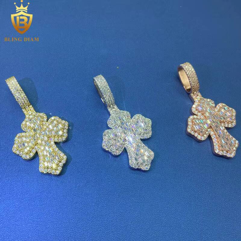 Hot Saling HipHop Style VVS Moissanite Pendant Men Rapper 925 Silver Pendant Cross Pendant Baguette Cut Moissanite Pendant GRA