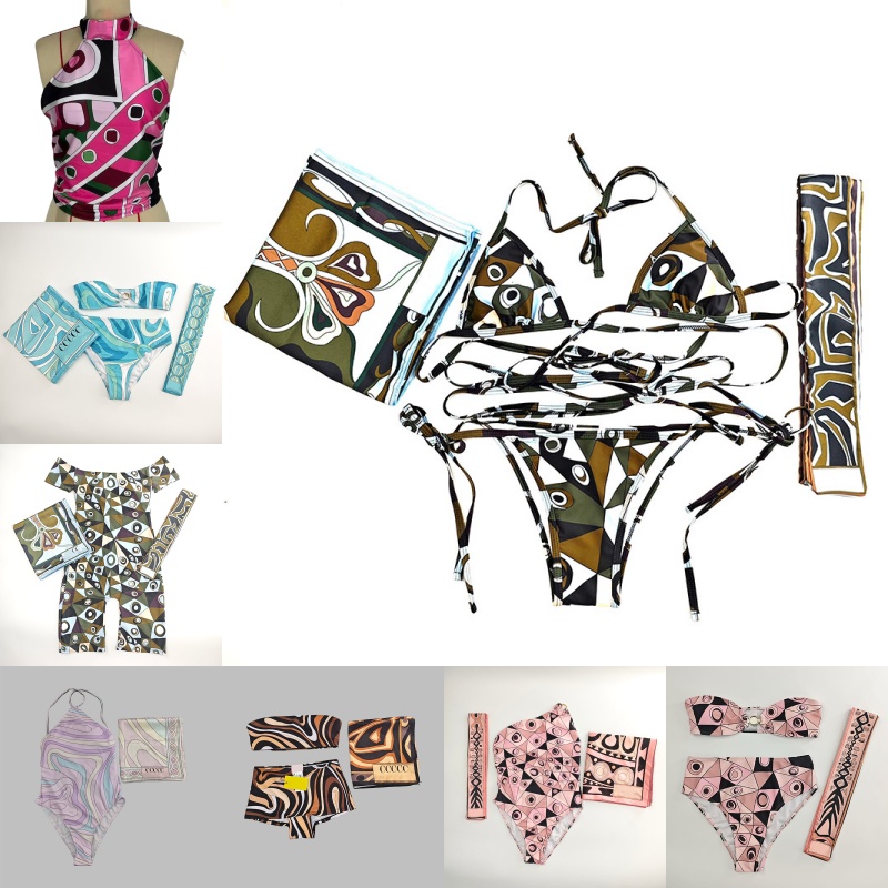 Designer Halter Headband Scarf Swimwear Women Mixed Prints Beach Resort Wear Summer Vacation Diving Surfing Yacht Swimsuit Bodysuit
