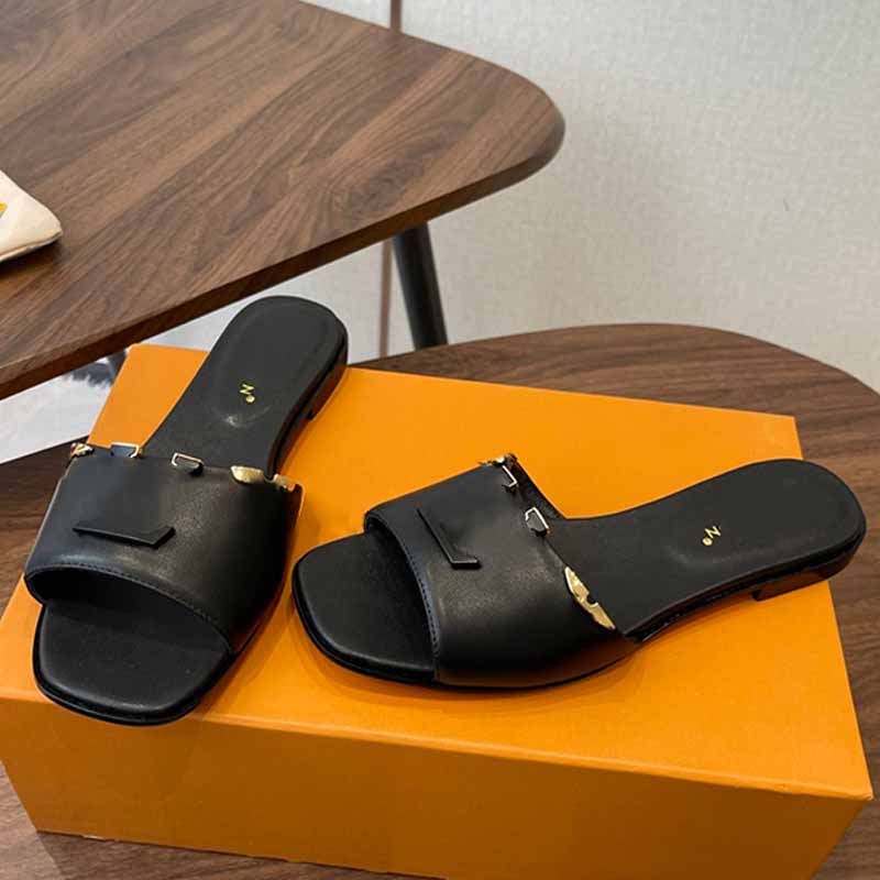 Luxury designer Mare Flat Mules Woman smooth Black calf leather Summer Slipper beach travel sandal comfort mulestyle Casual mules sandals size35 42