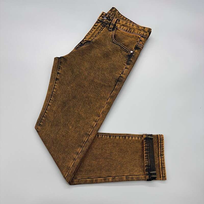 Spring New Vintage Brown Coffee Washed Jeans For Men High End Fashion Slim Fit Straight Leg Denim Pants Classic Embroidery Detail Casual Daily Wear Tr