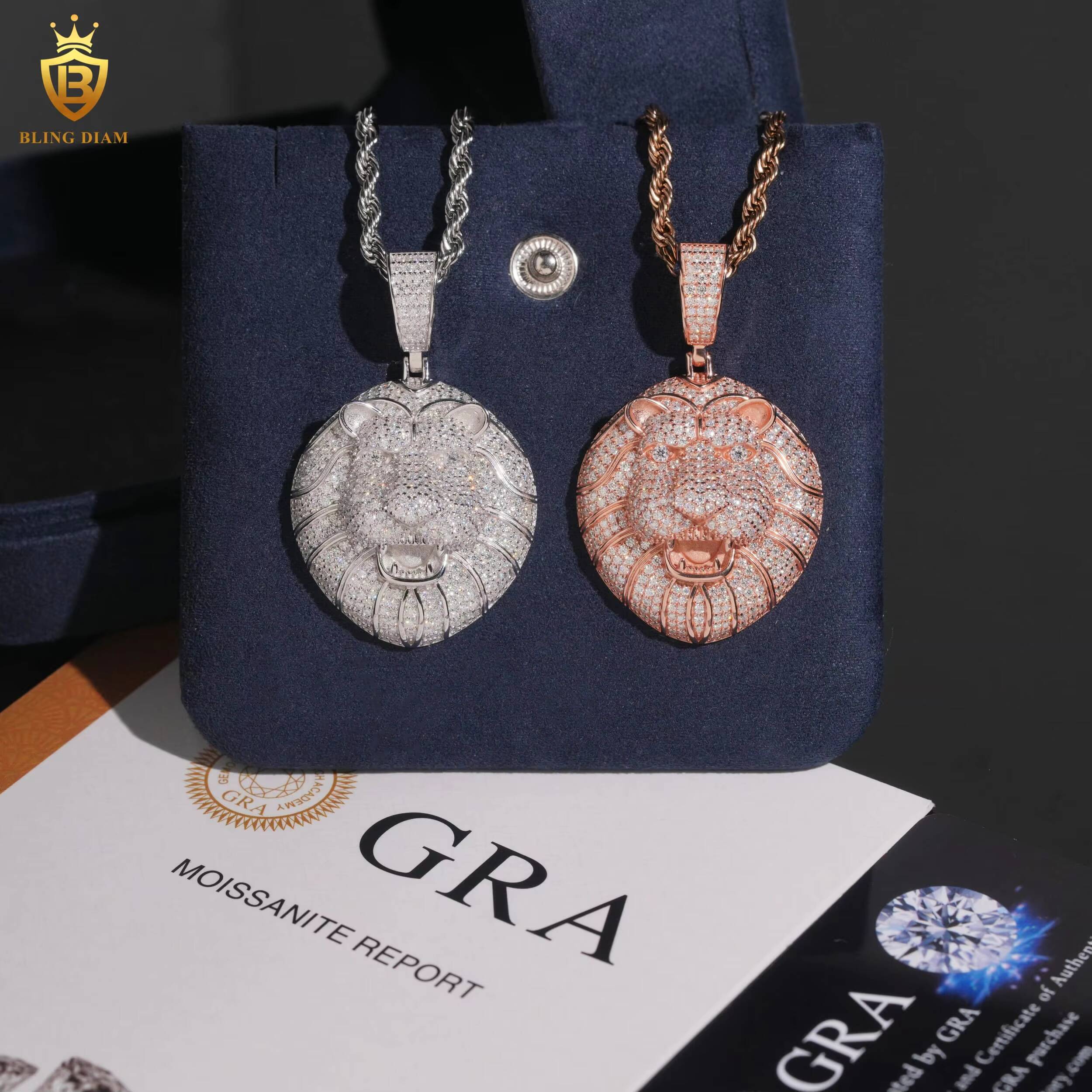 Charm Lion Head Face Animal Circle Pendant Necklace Mens Moissanite-Diamond 925 Sterling Silver Gold Custom Hip Hop Jewelry