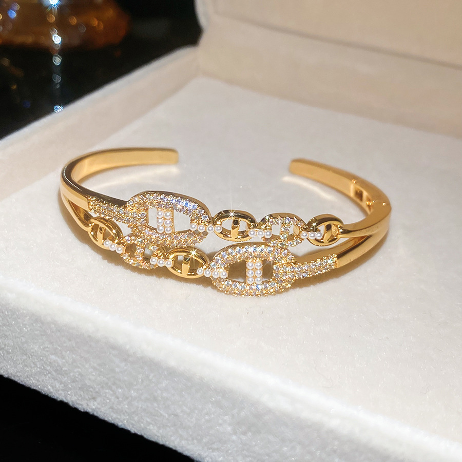 Exaggerated European American style 18K real gold plated zircon geometric pearl ring and bracelet set, light luxury high-end women's jewelry - view 7