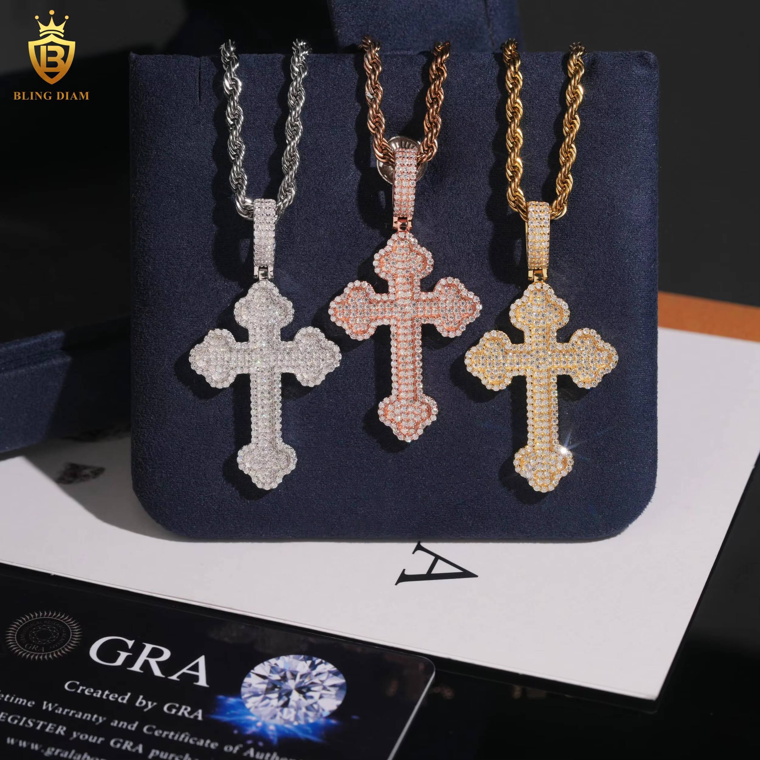 Wholesale Cross Pendant Men Hip Hop Rock Jewelry 925 Sterling Silver Iced Out Vvs Moissanite GRA Certificate