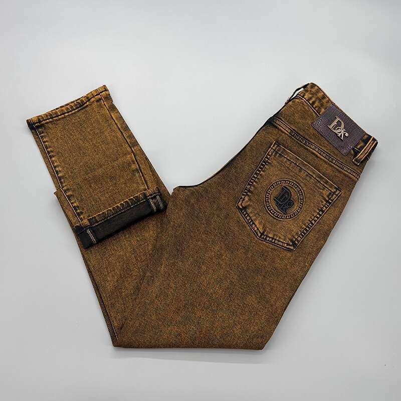 Spring New Vintage Brown Coffee Washed Jeans For Men High End Fashion Slim Fit Straight Leg Denim Pants Classic Embroidery Detail Casual Daily Wear Tr
