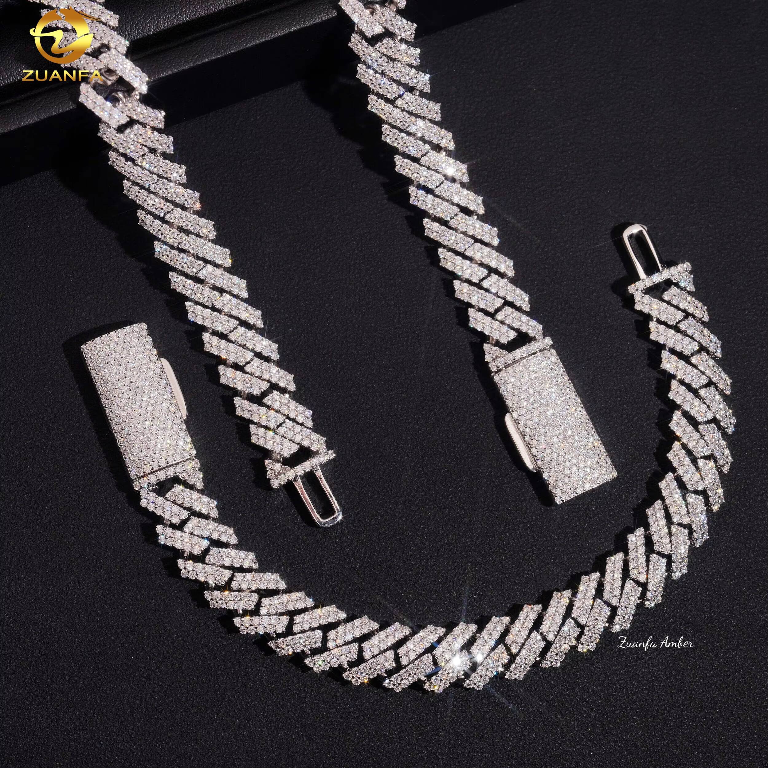 Long Clasp S925 Sterling Silver Hip Hop Iced Out 12MM VVS Lab Moissanite Diamond Prong Cuban Link Chain Mens Necklace