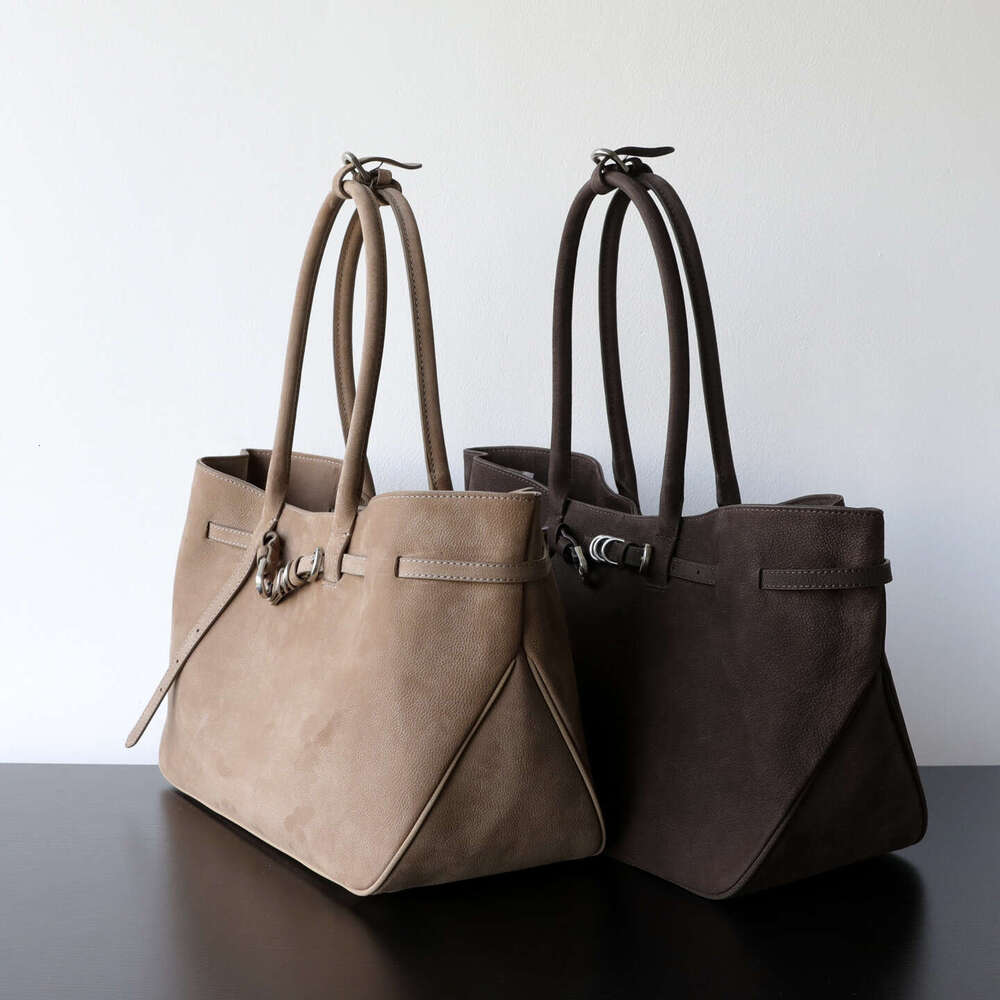 Women Luxury Suede Tote Bag Large Capacity Retro Buckle Design Genuine Leather Underarm Shoulder Handbag SENYY