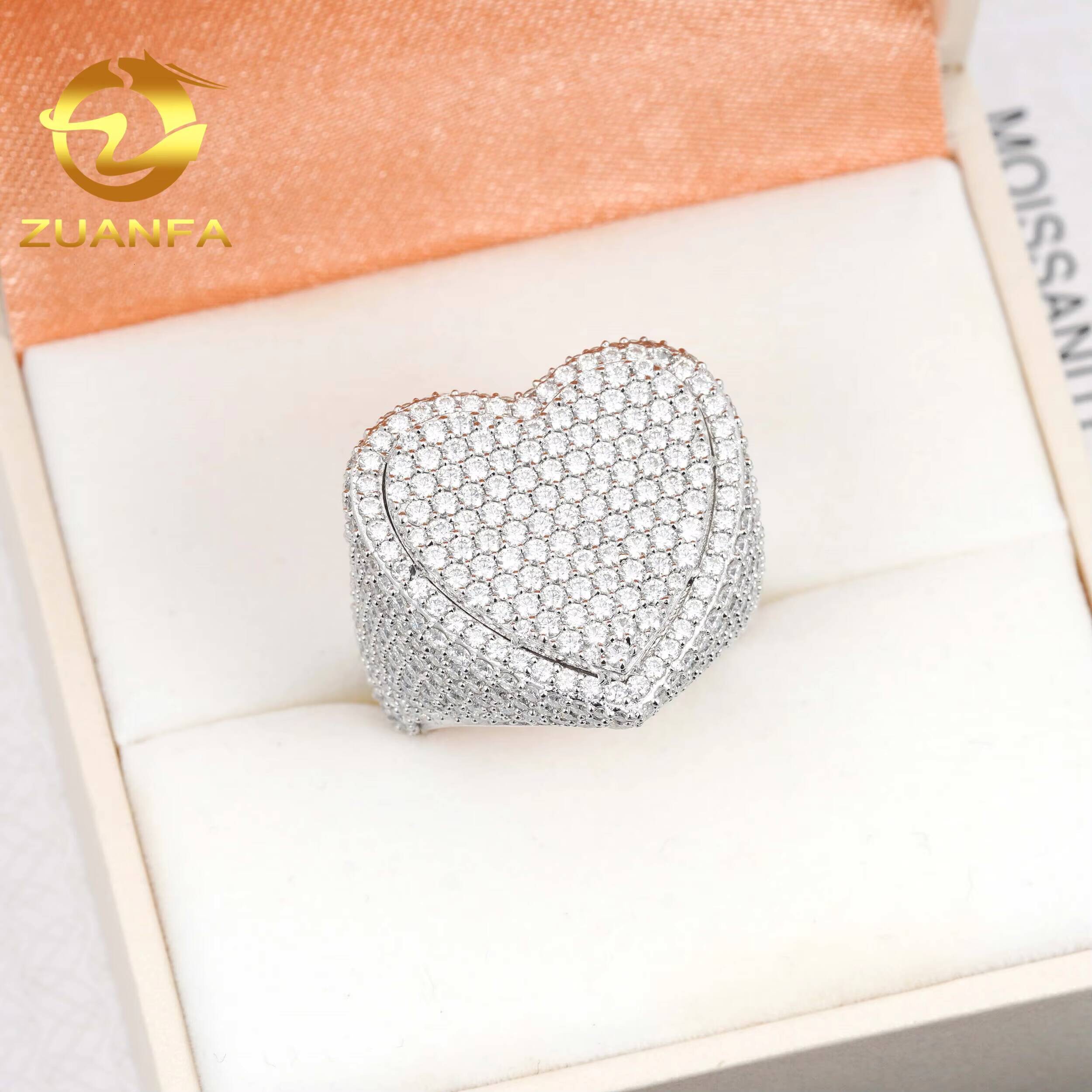 Wholesale Price Iced Out Heart Design GRA Certificate 925 Silver Moissanite Hip Hop Men Diamond Ring