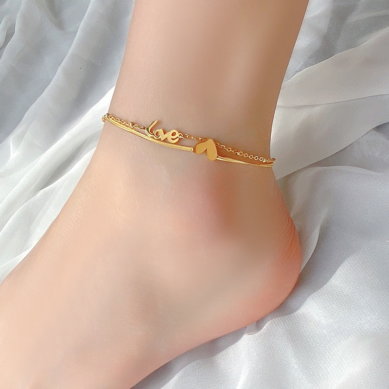 Designer New double-layer heart Love 18K plated gold anklet for women, ins minimalist forest style, trendy and popular