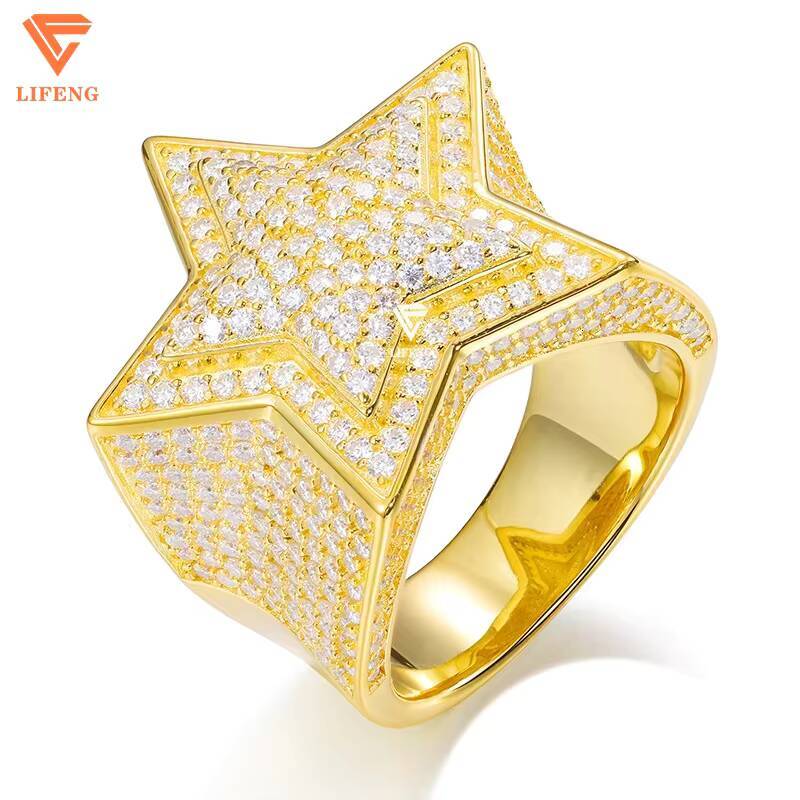 Gold Plated Luxury Diamond Men Hip Hop Finger Ring Fine Jewelry S925 Sterling Silver Full Moissanite Star Ring