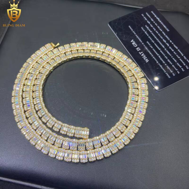 Hot Sale HipHop 8mm 925 Silver Baguette Cut Moissanite Chain Mens Iced Out Moissanite Necklace Chains Pass Diamond Test VVS GRA