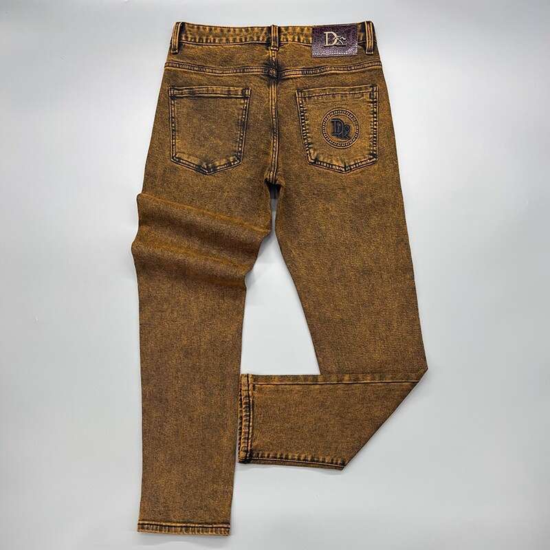 Spring New Vintage Brown Coffee Washed Jeans For Men High End Fashion Slim Fit Straight Leg Denim Pants Classic Embroidery Detail Casual Daily Wear Tr