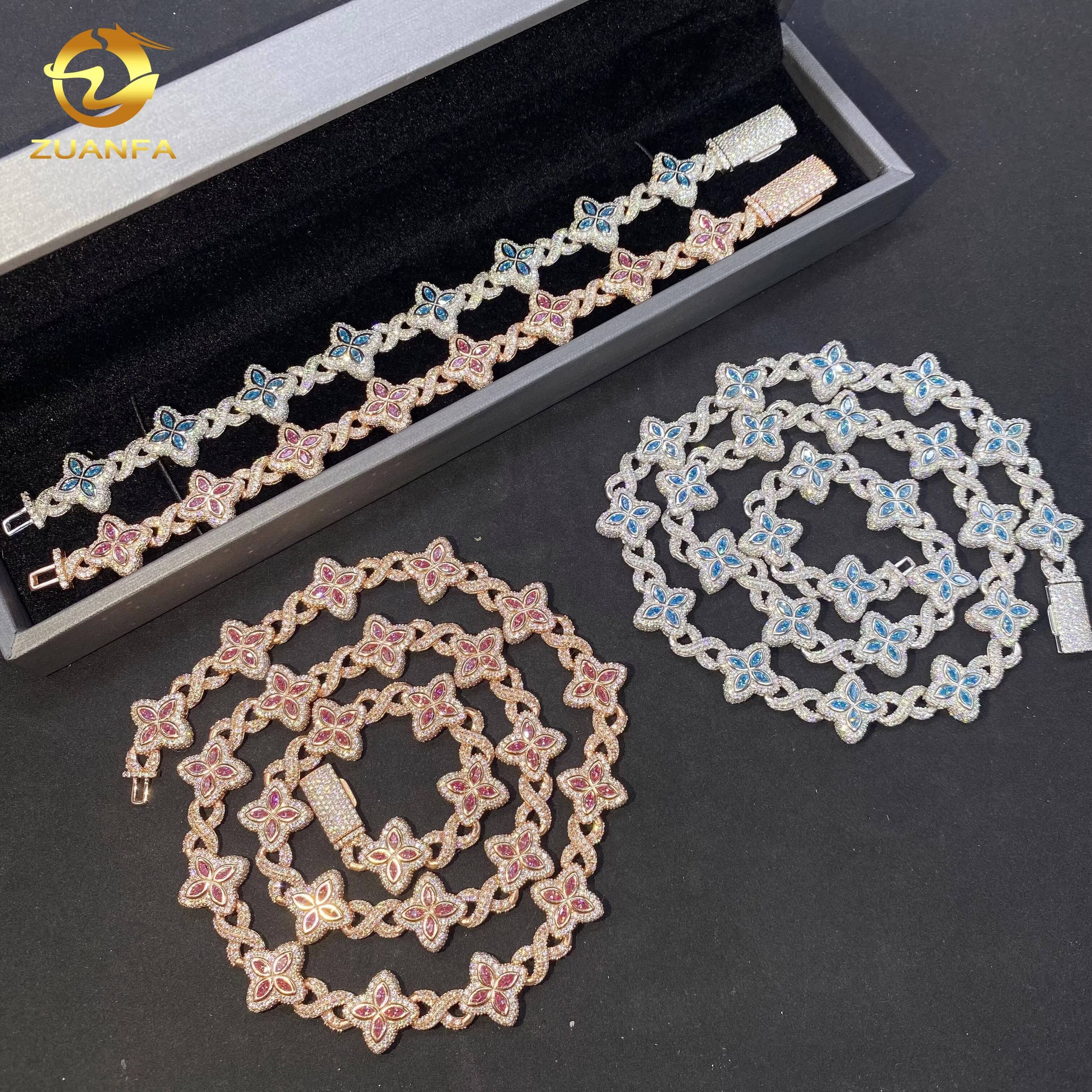 15mm Hot Sale Hip Hop Jewelry Marquise VVS Moissanite 925 Silver Iced Out Clover Bracelet Blue Pink Diamond Cuban Chain Necklace