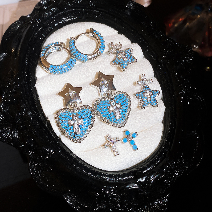 New fashion earrings with a high-end, minimalist feel, super shiny ear clasps in turquoise blue, French vintage cross design, versatile for women - view 7