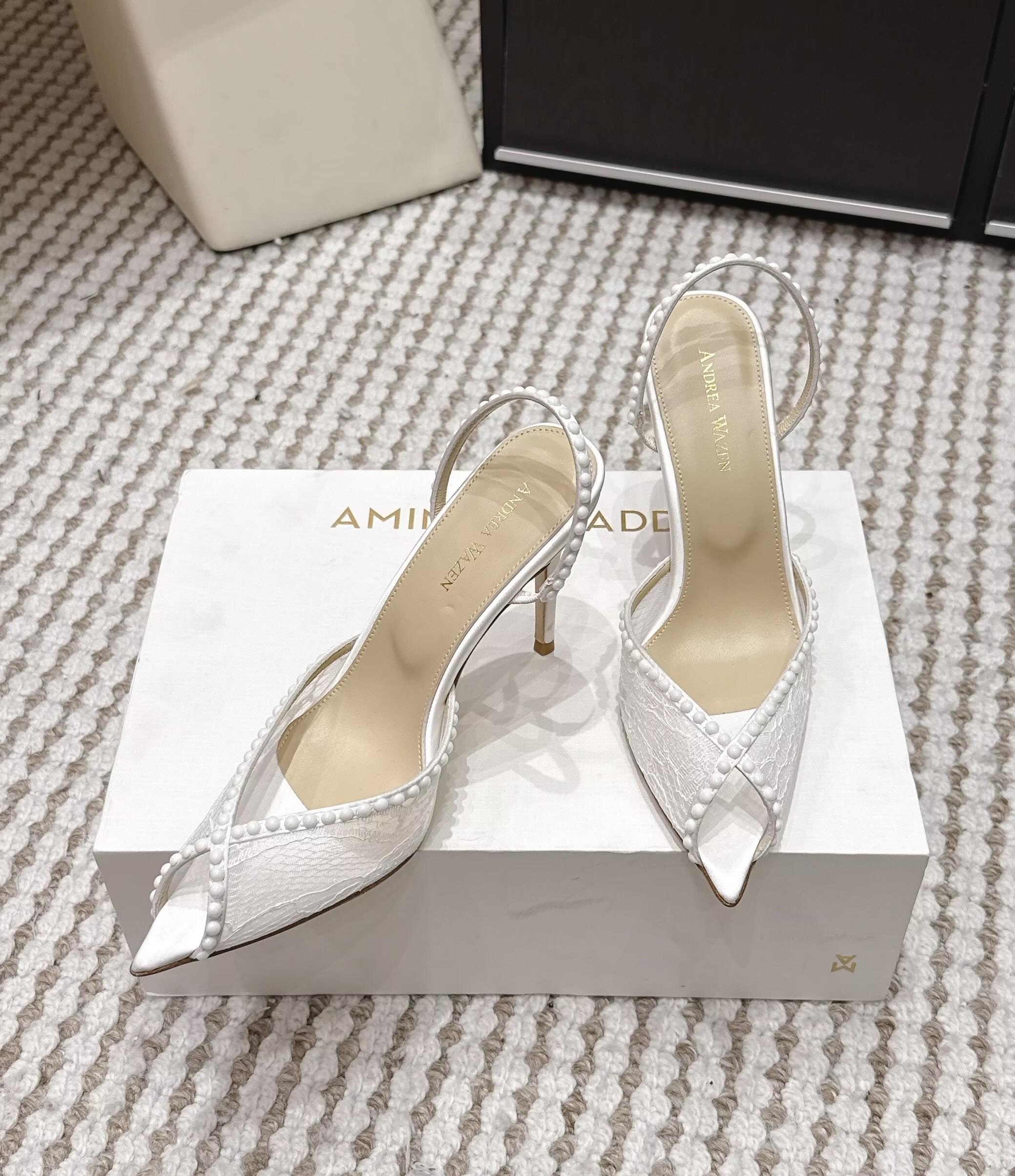 Andrea Wazen Women's Katy Lace Sandals Shoes Peep Toe Pumps Rhinestones High Heel Party Wedding Dress Slingback Sexy High Heels Elegant Walking EU35-43