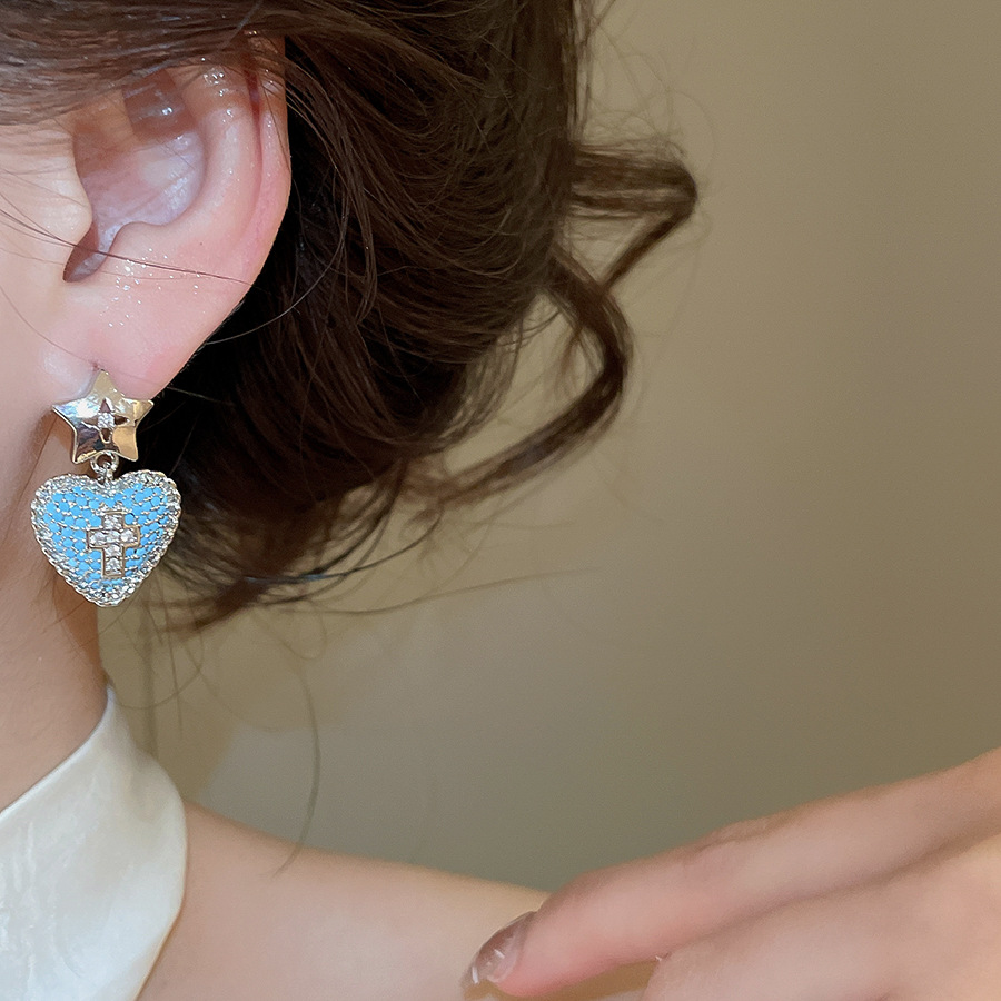 New fashion earrings with a high-end, minimalist feel, super shiny ear clasps in turquoise blue, French vintage cross design, versatile for women - view 4